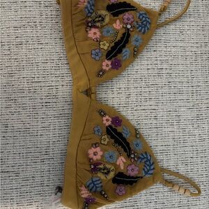 Free People Mustard Embroidered Floral Bikini Top